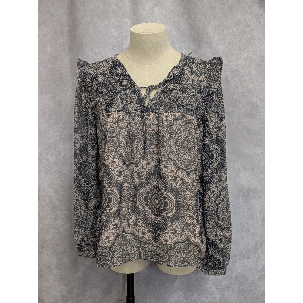 Loft Petites Navy Medallion Print Ruffle Shoulder Tie Neck Blouse SP